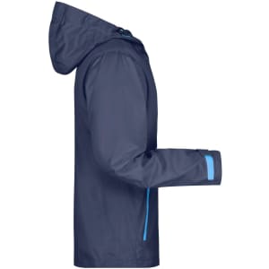 A blue outdoor rain jacket featuring a hood and contrasting blue details, with an adjustable sleeve design.