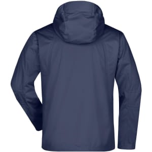 A men's outdoor jacket in navy blue, featuring a hood and back view with a logo.