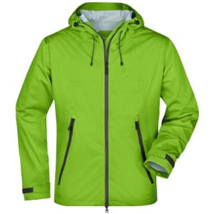 A vibrant green outdoor jacket with a hood and zippered pockets, featuring a branding logo.