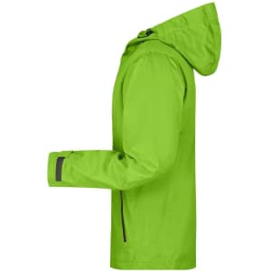 A bright green outdoor jacket with a hood, featuring long sleeves and adjustable cuffs. It includes a logo.