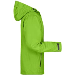 A bright green men's outdoor rain jacket with a hood and zippered pockets, featuring an attached logo.