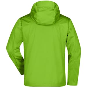 A green men's outdoor jacket featuring a hood and a plain back design. It includes a logo.