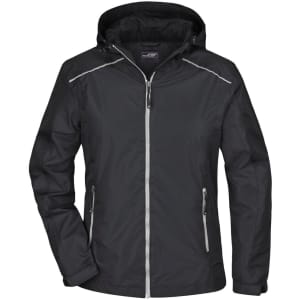 A black ladies rain jacket featuring a hood and zippered pockets, with reflective detailing and a logo.