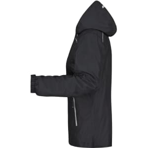 A black ladies rain jacket featuring a hood and zippered pockets, with elastic cuffs and a branding logo.