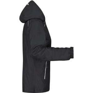 A black ladies rain jacket with a hood and zip pockets, featuring a logo on the sleeve.