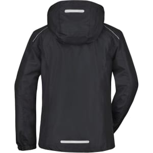 A black ladies rain jacket featuring a hood and reflective details on the back. It has a logo.