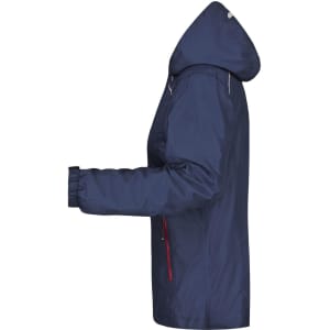 A navy blue ladies rain jacket with a hood, featuring a zip and elastic cuffs. It has a logo on the front.