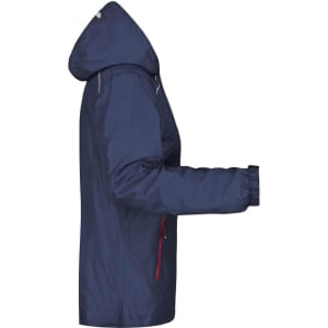 A navy ladies rain jacket with a hood, featuring zippered pockets and elastic cuffs. It has a branding logo.
