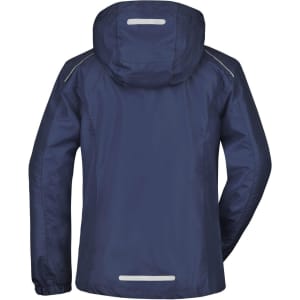A navy blue ladies rain jacket featuring a hood and reflective detailing on the back. It has a logo present.