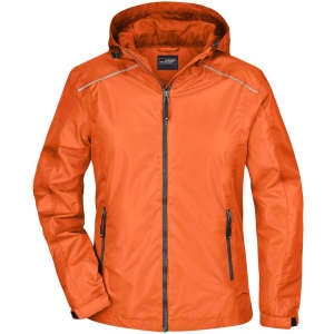 An orange ladies rain jacket with a hood and zip fastening, featuring two side pockets and reflective detailing.
