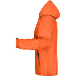 An orange ladies' rain jacket with a hood and zippered pockets, featuring a logo on the sleeve.