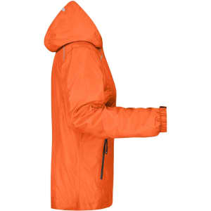 An orange ladies rain jacket with a hood and zippered pockets, featuring a logo on the sleeve.