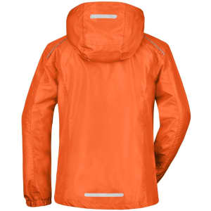 An orange rain jacket with a hood and reflective detailing, featuring a logo on the back.