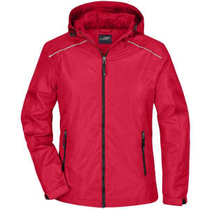 A red ladies rain jacket featuring a hood, zippered front, and pockets, complete with a logo.