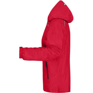 A red ladies rain jacket with a hood, featuring zippered pockets and elastic cuffs. It has a logo on it.