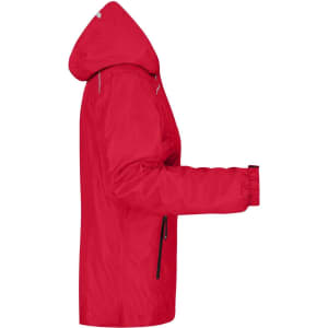 A red ladies rain jacket with a hood, featuring zippered pockets and elastic cuffs. It has a logo on it.