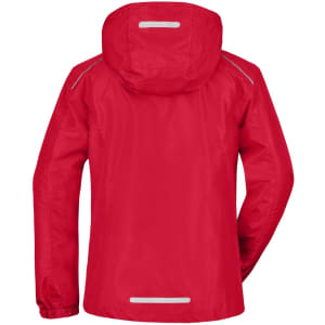 A red ladies rain jacket featuring a hood and reflective strips on the back. It has a logo on the upper section.