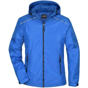A blue ladies rain jacket featuring a hood, zippered front, and side pockets, with a logo on the upper chest.
