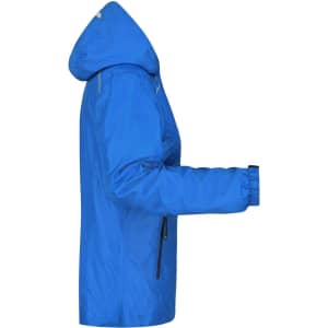 A blue ladies rain jacket with a hood, featuring zippered pockets and elasticised cuffs. It has a logo on it.