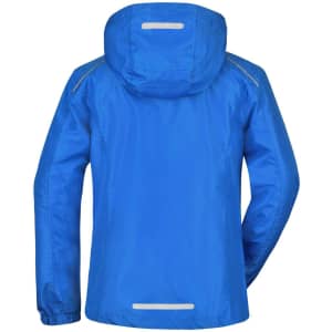 A blue ladies rain jacket featuring a hood and reflective detailing on the back.