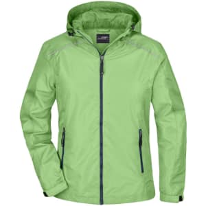 A green ladies rain jacket with a hood, featuring a zip front and two side pockets. It has a logo on it.
