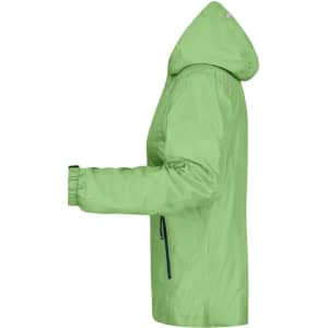 A ladies rain jacket in bright green, featuring a hood and elastic cuffs. The jacket has a zipper and a logo.