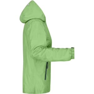 A green ladies rain jacket with a hood, featuring zippers and elastic cuffs. It has a logo on the design.
