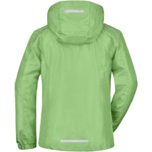 A light green ladies rain jacket with a hood and reflective details on the back. It features a sporty design and logo.