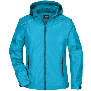 A turquoise ladies rain jacket with a hood and zippered pockets, featuring a logo on the chest.