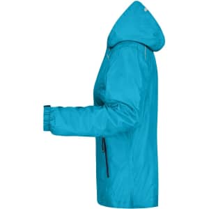 A ladies rain jacket in vibrant turquoise, featuring a hood and zippered pockets. Includes a logo on the surface.