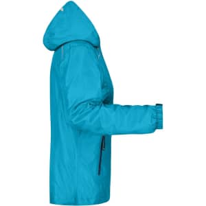 A bright blue ladies rain jacket with a hood and zippered pockets, featuring a logo.
