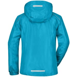 A turquoise ladies rain jacket featuring a hood and reflective accents at the back, showcasing a sleek design.