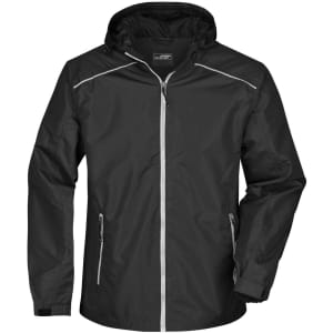 A black men's rain jacket with a hood, featuring zippered pockets and reflective detailing.
