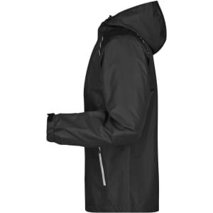 A black men's rain jacket with a hood, featuring a zipped front and reflective details.
