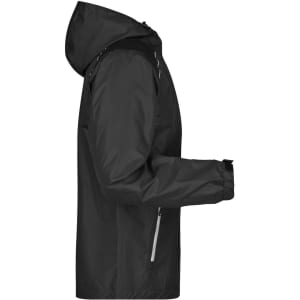 A black men's rain jacket featuring a hood and zippered pockets, with an overall lightweight design.