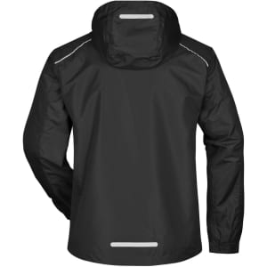 A black men's rain jacket with a hood and reflective details on the back. It features a logo.