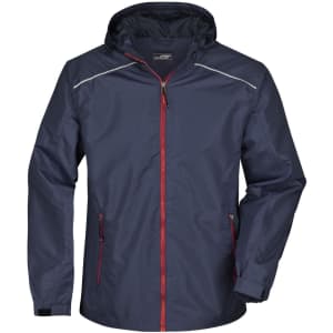 A men's rain jacket in navy blue with red accents, featuring a hood and zippered pockets. It has a logo on it.