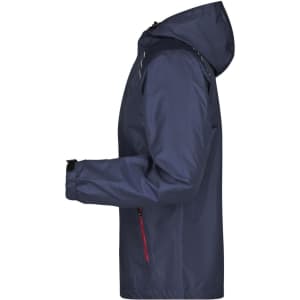 A navy men's rain jacket with a hood, featuring zippered pockets and a logo on the sleeve.