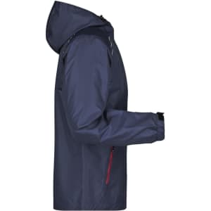 A men's rain jacket in navy with a hood and zipped pockets, featuring a logo on the sleeve.