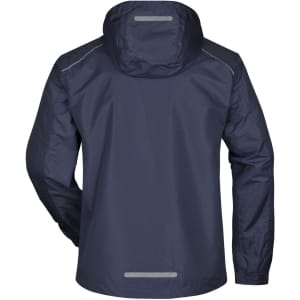 A navy men's rain jacket featuring a hood and reflective detailing on the back, with a logo.