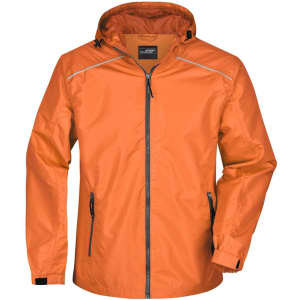 An orange men's rain jacket with a hood, featuring zippered pockets and a logo.