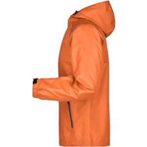 A men's rain jacket in bright orange, featuring a hood and zippered pockets, displayed from the side.