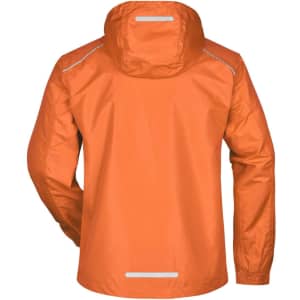 An orange men's rain jacket featuring a hood and reflective detailing on the back. It has a logo present.