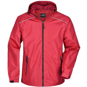 A men's rain jacket in bright red with a hood, zip closure, and reflective detailing. Features pockets and a logo.