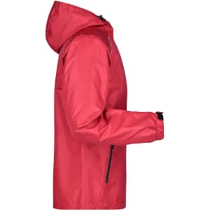 A red men's rain jacket with a hood, featuring a zip closure and logo branding on the side.