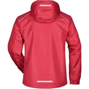 A red men's rain jacket featuring a hood and reflective detailing at the back. It has a logo on the sleeve.