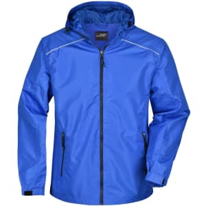 A blue men's rain jacket featuring a hood, zipped front, and side pockets. Includes a logo on the chest.