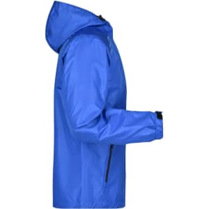 A blue men's rain jacket with a hood, featuring a zippered pocket and elastic cuffs. It has a logo on it.