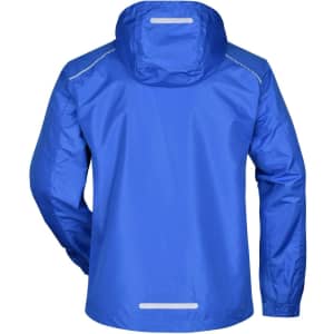 A blue men's rain jacket featuring a hood and reflective detailing on the back. It has a logo on the sleeve.