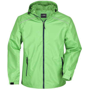 A bright green men's rain jacket with a hood, featuring zippers and side pockets. The jacket has a logo.